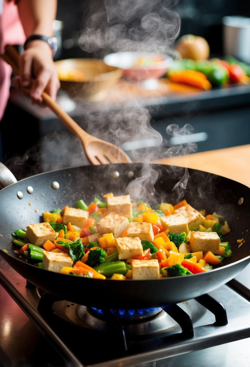 A sizzling wok cooks a colorful mix of vegetables and tofu, emitting fragrant steam