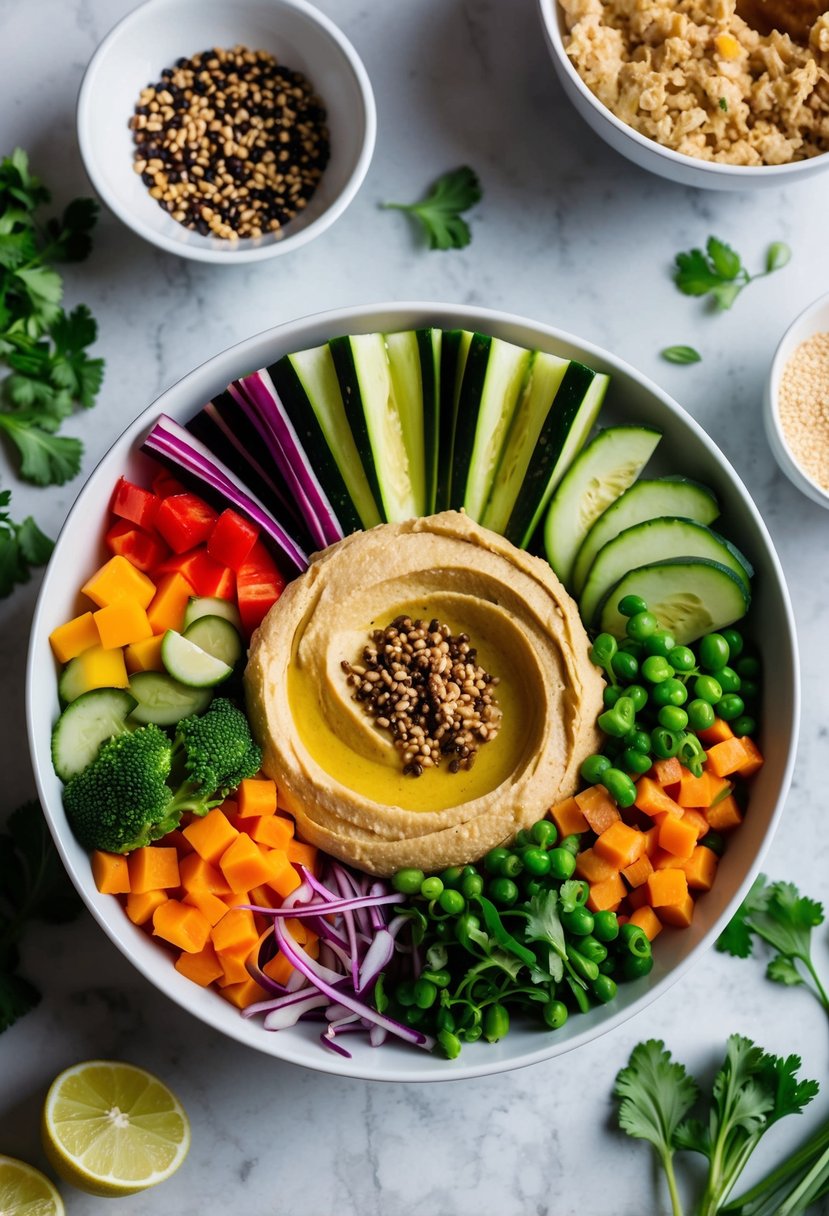 A colorful array of fresh vegetables, grains, and hummus arranged in a bowl, creating a vibrant and wholesome vegan Buddha Bowl