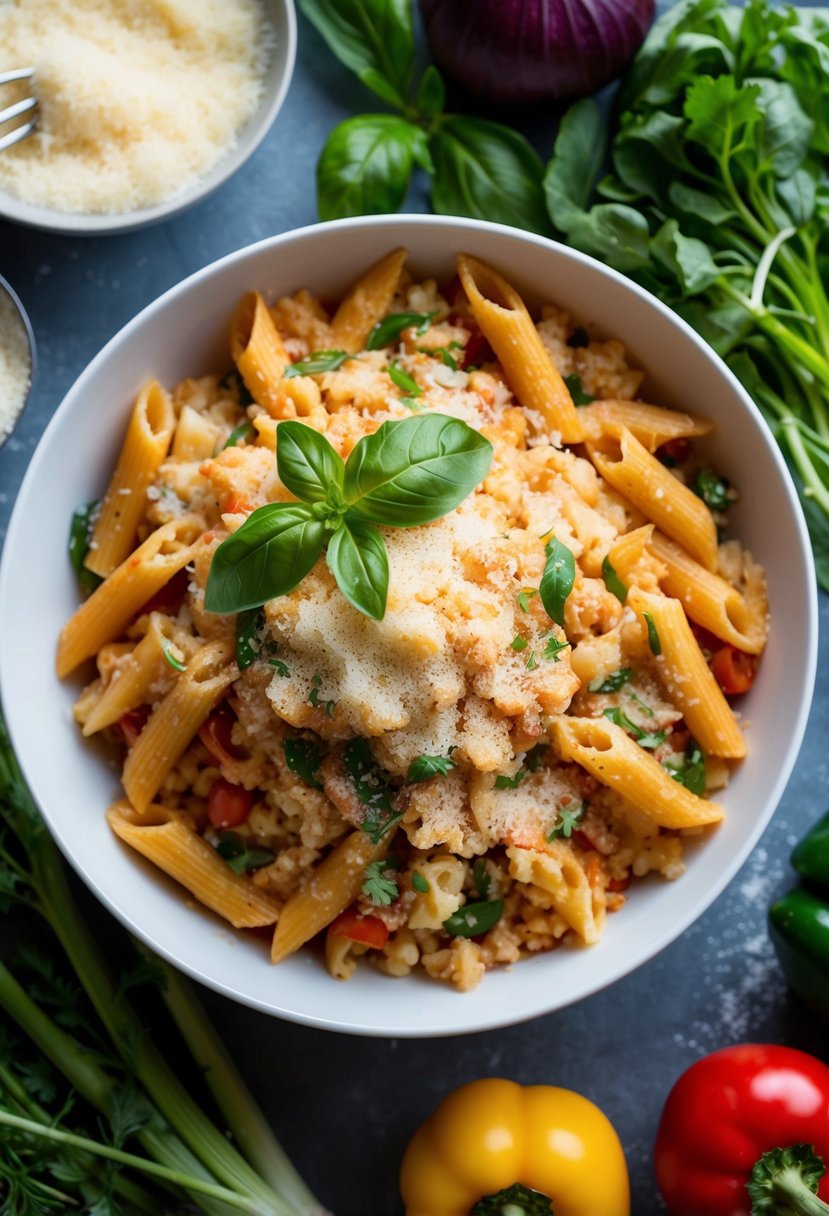 A bowl of cauliflower rice penne arrabbiata topped with fresh basil and grated parmesan, surrounded by colorful vegetables and herbs