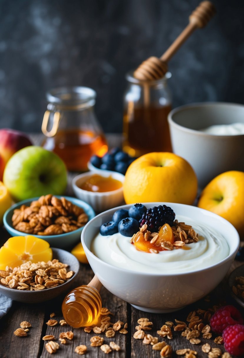 A variety of fresh fruits, granola, and honey surround a bowl of creamy yogurt in a rustic kitchen setting