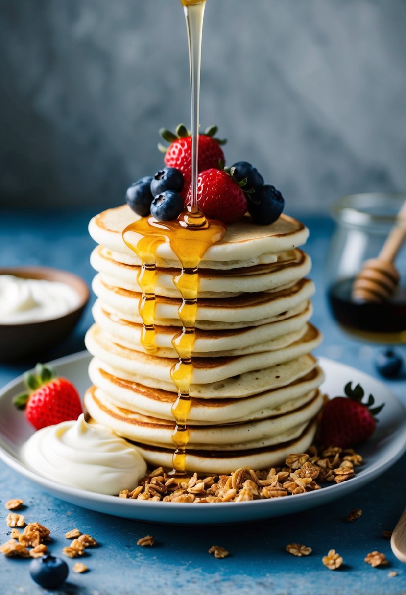 A stack of fluffy Greek yogurt pancakes topped with fresh berries and drizzled with honey, surrounded by a dollop of creamy yogurt and a scattering of granola