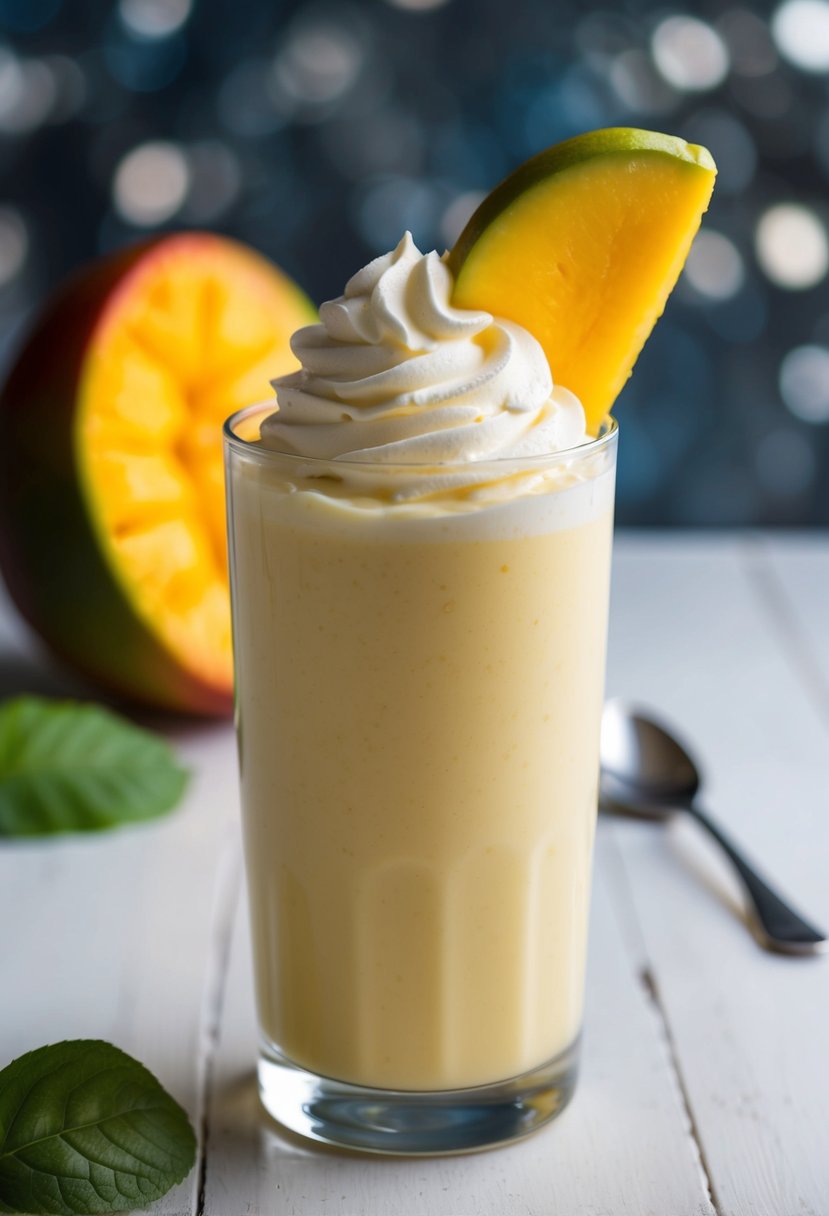 A tall glass filled with creamy mango yogurt smoothie, topped with a swirl of whipped cream and a slice of ripe mango as garnish