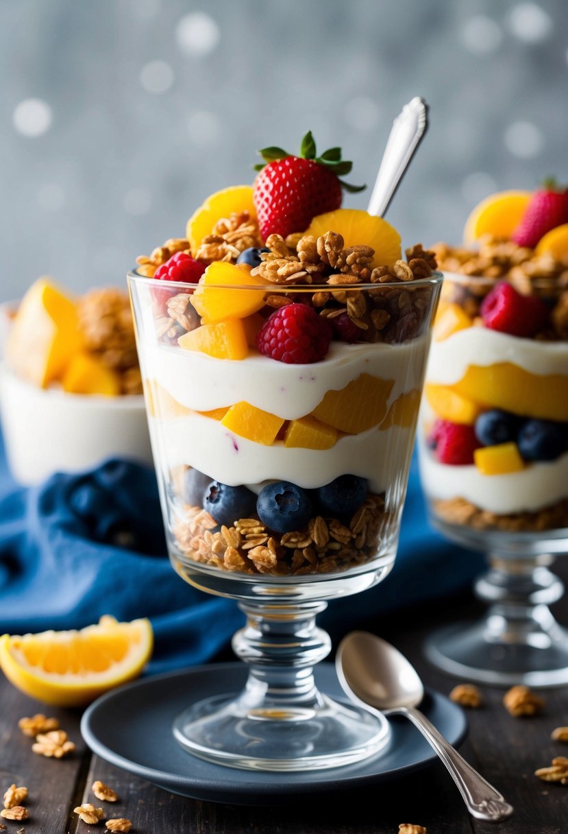 A glass parfait dish filled with layers of creamy yogurt, crunchy granola, and vibrant fresh fruit