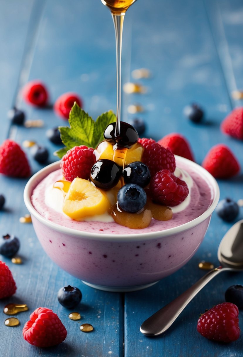 A bowl of berry frozen yogurt topped with fresh fruit and a drizzle of honey, surrounded by scattered berries and a spoon