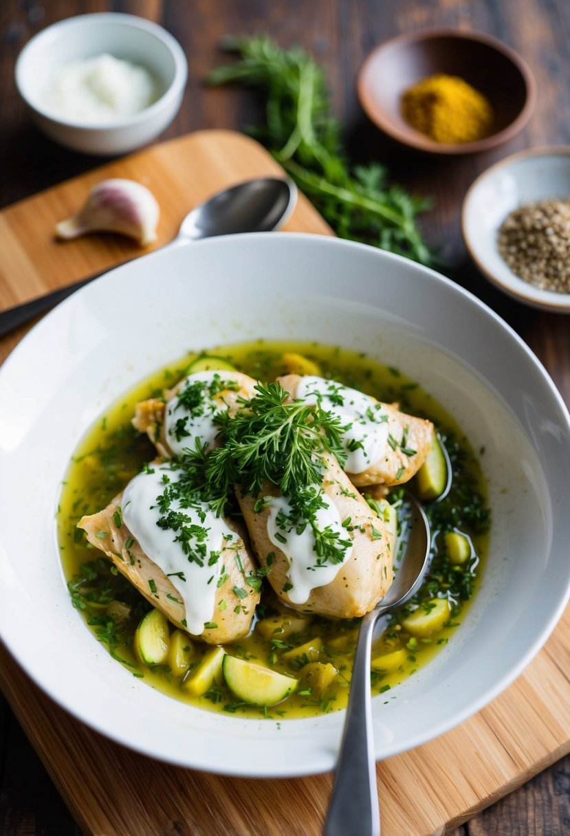 A bowl of marinated chicken surrounded by yogurt, garlic, and herbs, with a spoon and a dish of spices on a wooden cutting board