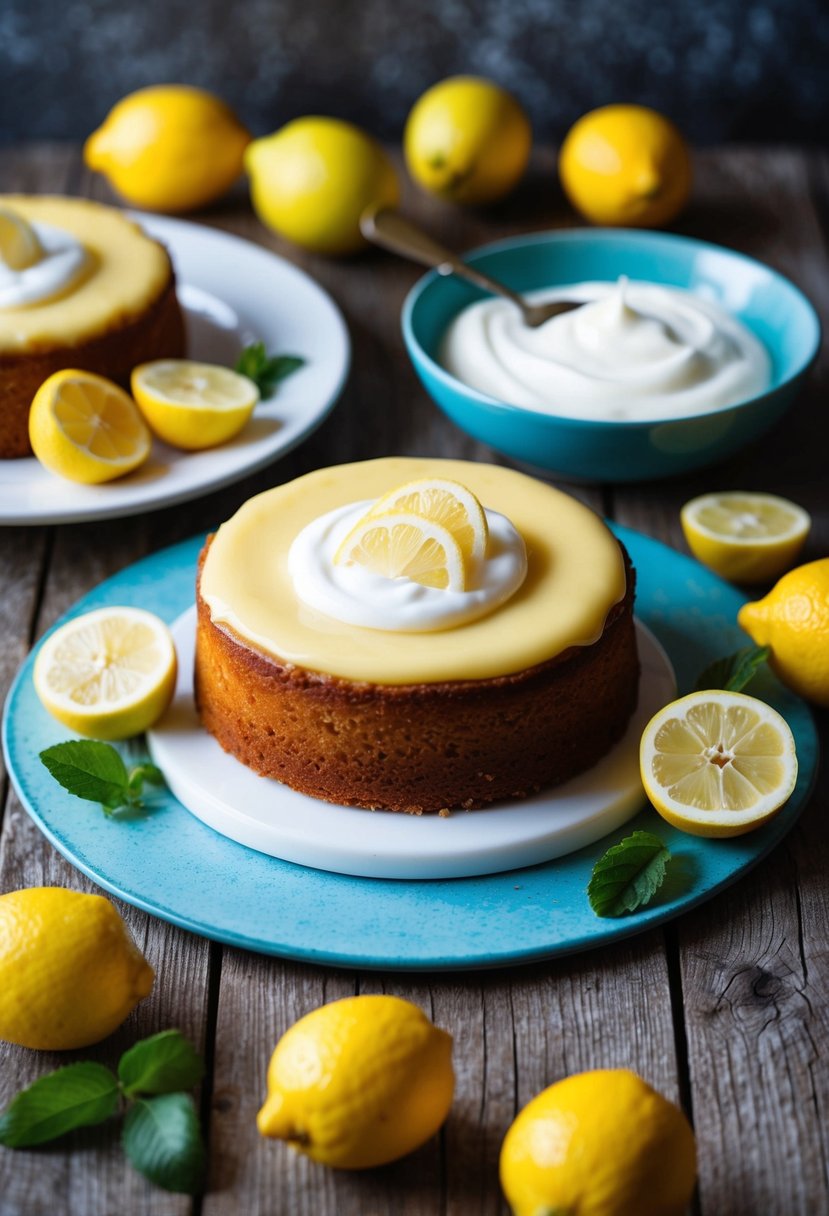 A lemon yogurt cake sits on a rustic wooden table, surrounded by fresh lemons and a dollop of creamy yogurt