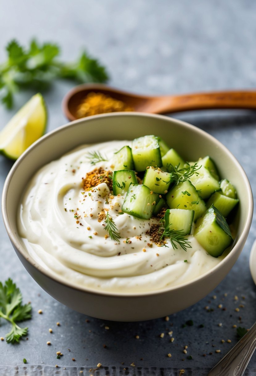 A bowl of creamy yogurt mixed with diced cucumber and sprinkled with fresh herbs and spices