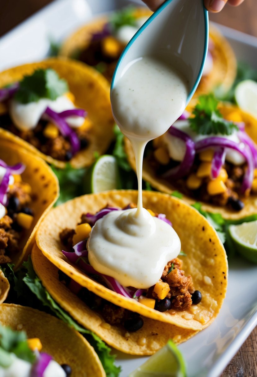 A dollop of creamy yogurt sauce being drizzled over a colorful array of tacos, adding a savory touch to the vibrant dish