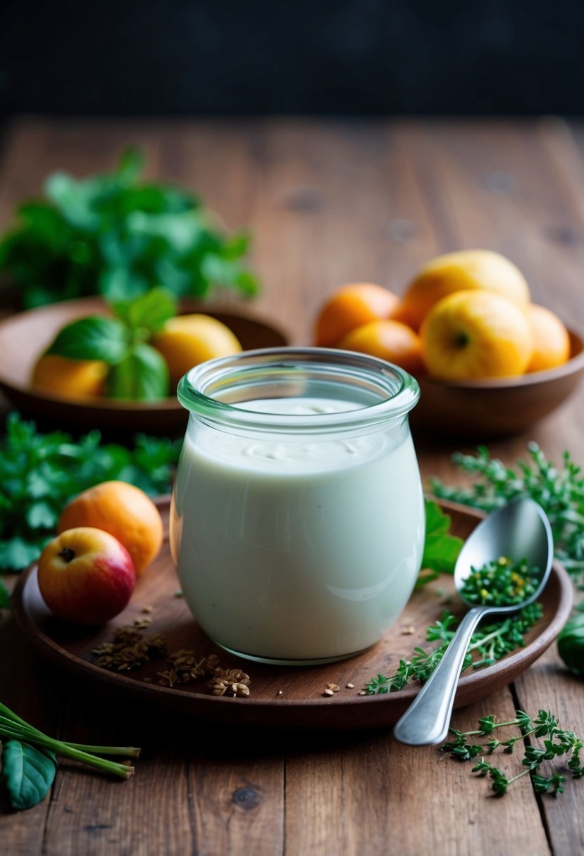 A glass jar of homemade yogurt sits on a wooden table, surrounded by fresh fruits and herbs