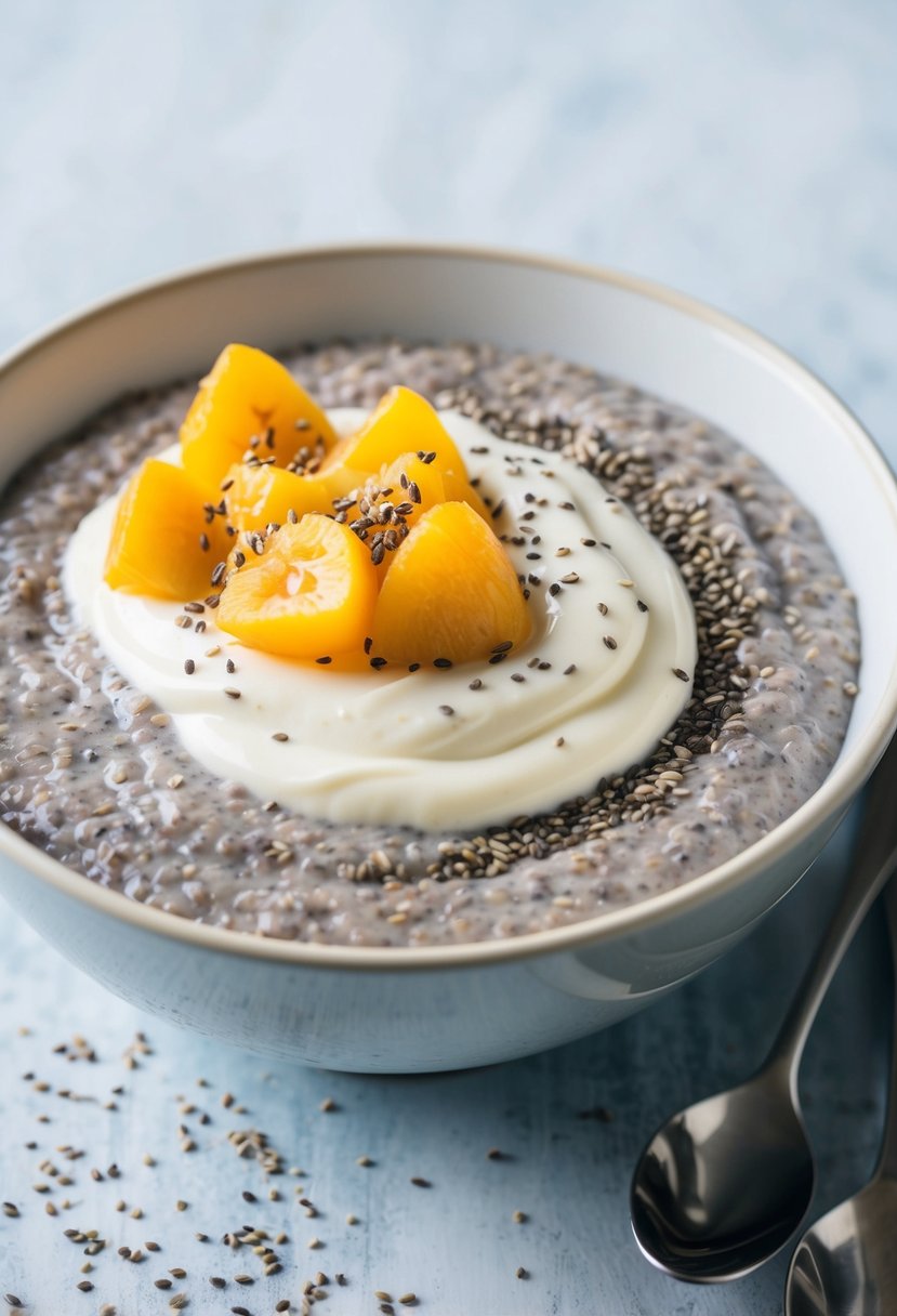 A bowl of chia seed pudding topped with swirls of creamy yogurt, garnished with fresh fruit and a sprinkle of chia seeds