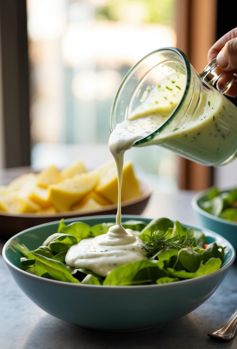 A bowl of creamy yogurt and herb salad dressing being drizzled over a fresh green salad