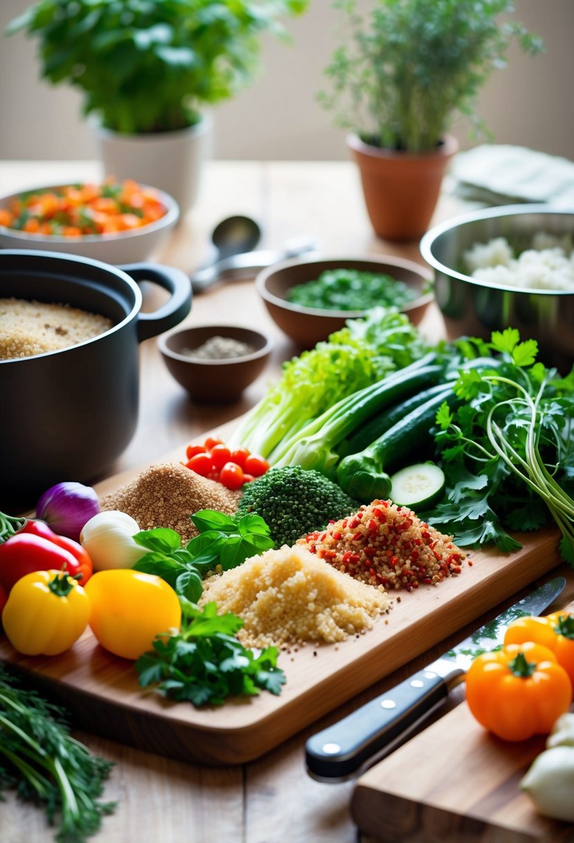 A colorful array of quinoa, vegetables, and herbs arranged on a wooden cutting board. A pot and various cooking utensils are nearby