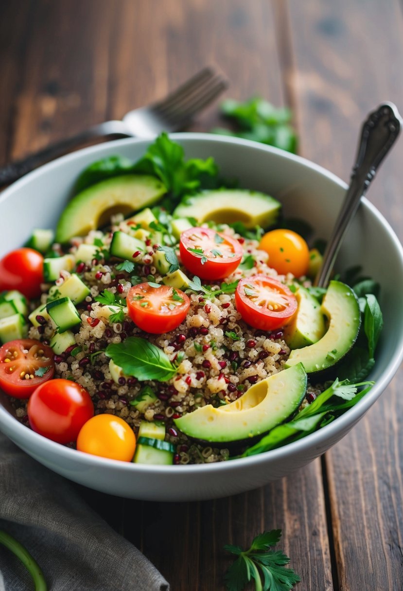 A colorful bowl of quinoa avocado salad with cherry tomatoes, cucumber, and a sprinkle of fresh herbs, sitting on a wooden table