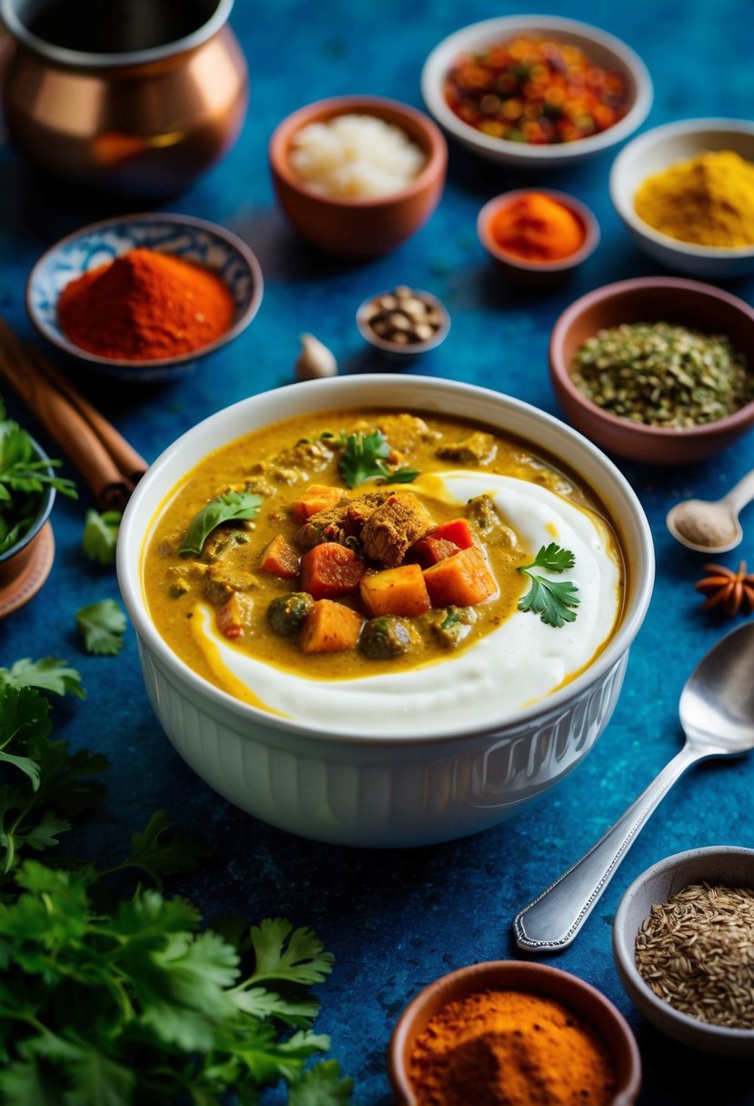 A vibrant bowl of spicy yogurt curry surrounded by a variety of colorful spices and herbs