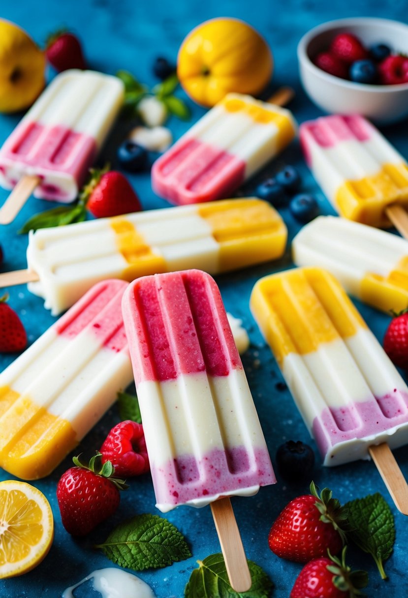 A colorful array of fruit popsicles made with yogurt, surrounded by fresh fruit and ingredients