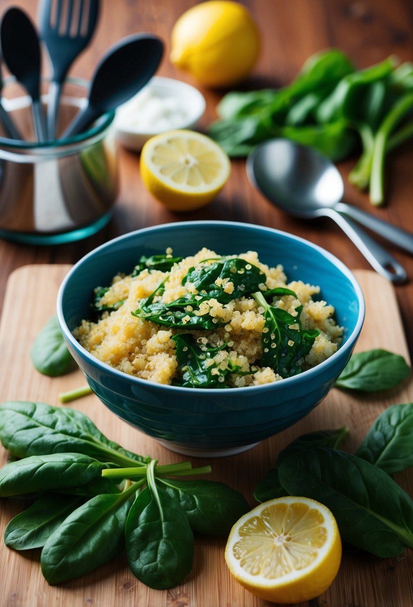 A bowl of lemon quinoa with spinach, surrounded by fresh ingredients and cooking utensils on a wooden kitchen counter