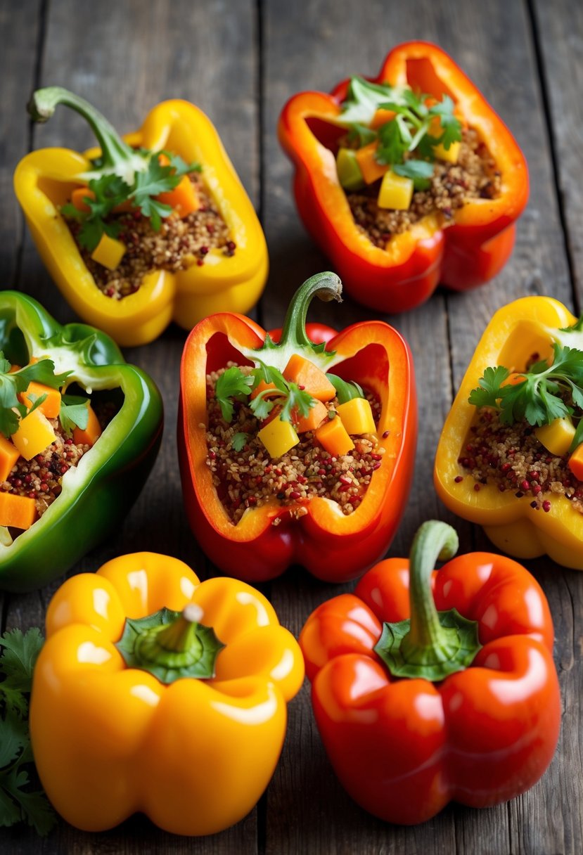 A colorful array of bell peppers, halved and filled with quinoa and assorted vegetables, arranged on a rustic wooden table