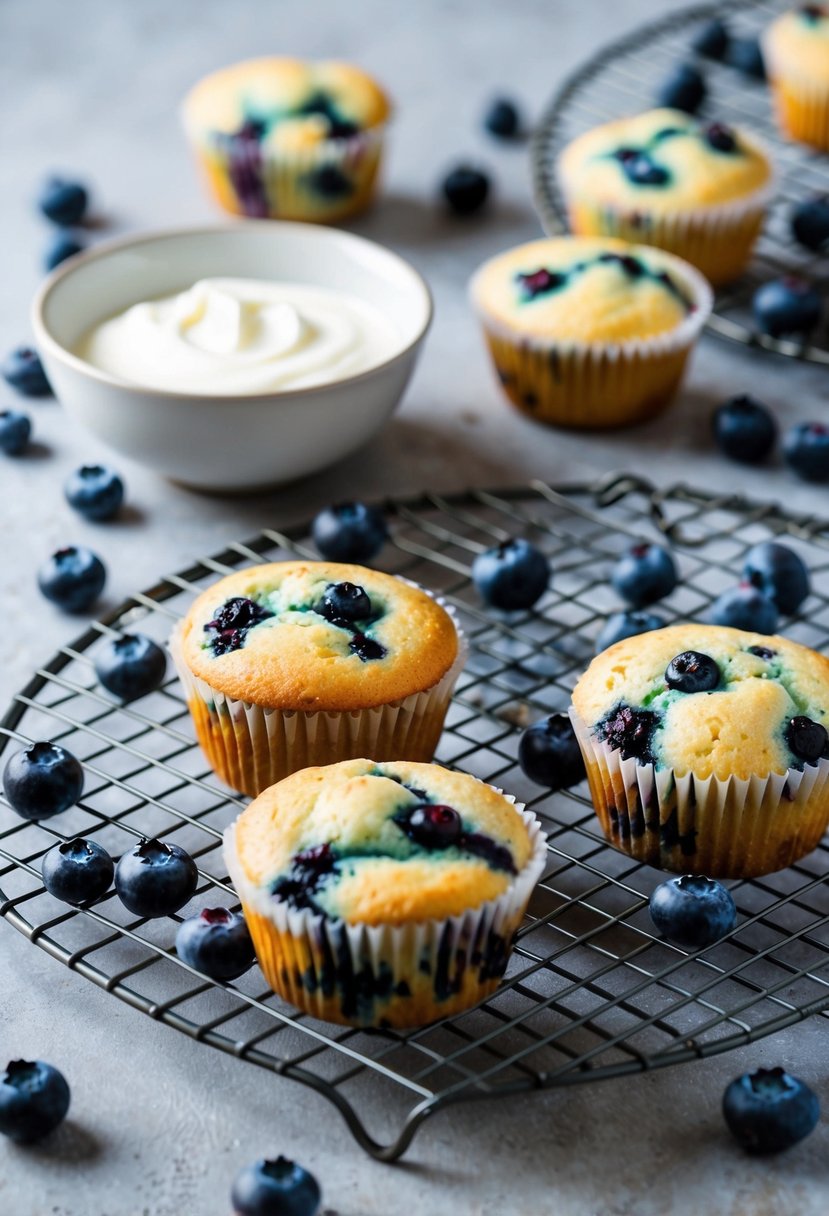 A table with freshly baked blueberry yogurt muffins cooling on a wire rack, surrounded by scattered blueberries and a bowl of yogurt