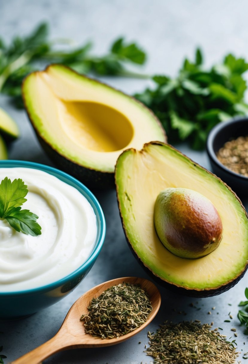 A ripe avocado sliced open next to a bowl of creamy yogurt, surrounded by fresh herbs and spices