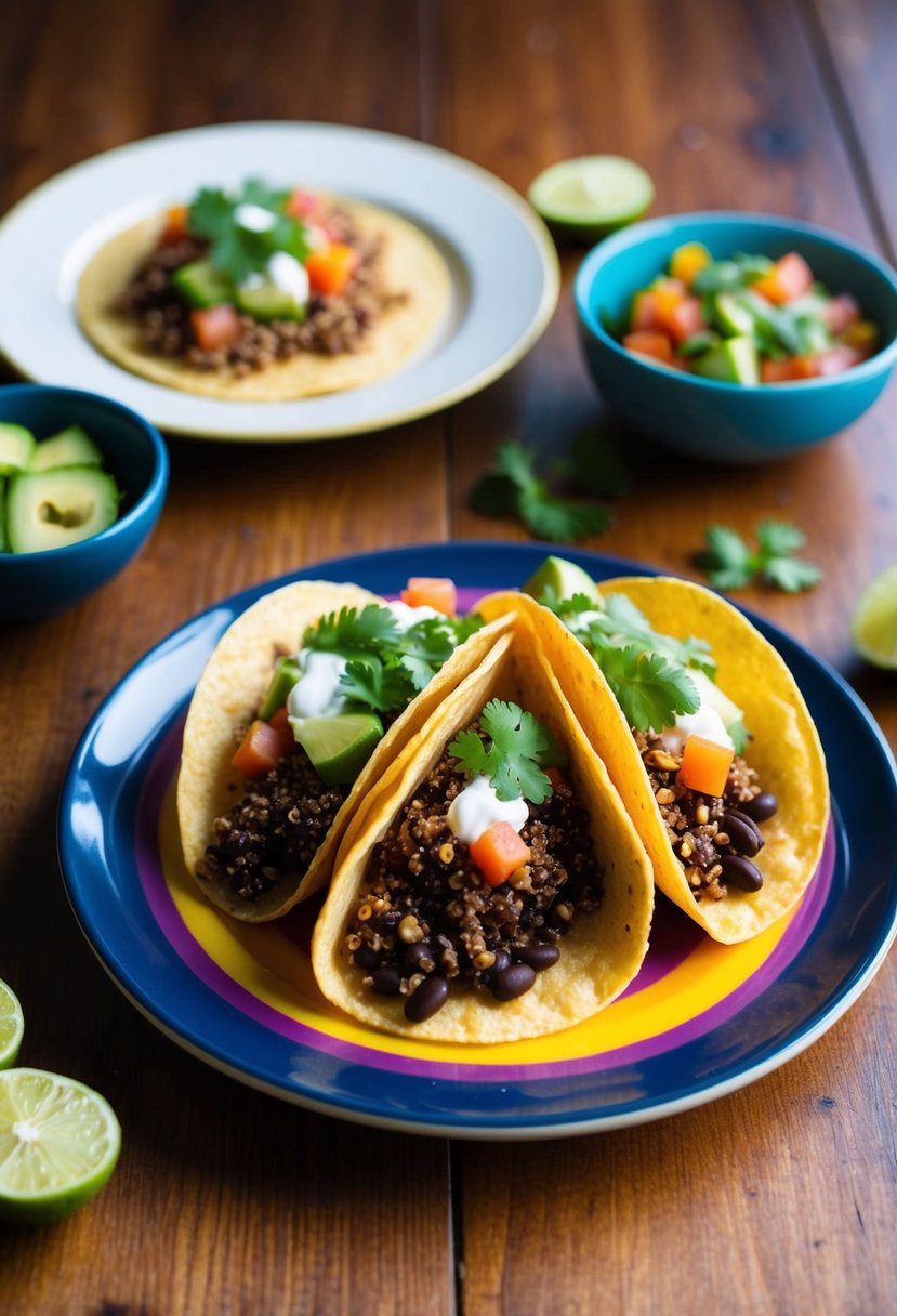 A colorful plate of quinoa and black bean tacos with fresh toppings on a wooden table