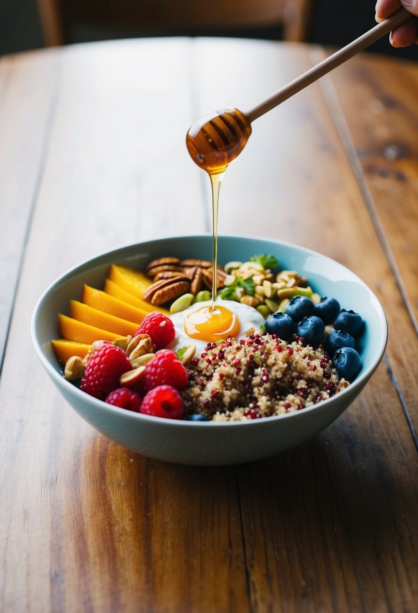 A colorful breakfast bowl with quinoa, fresh berries, nuts, and a drizzle of honey on a wooden table