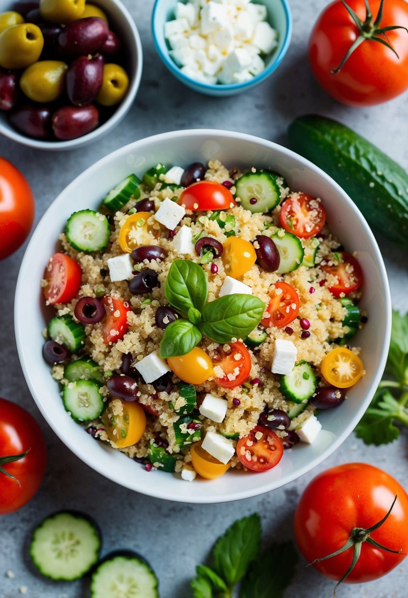 A colorful bowl of quinoa salad surrounded by fresh Mediterranean ingredients like tomatoes, cucumbers, olives, and feta cheese