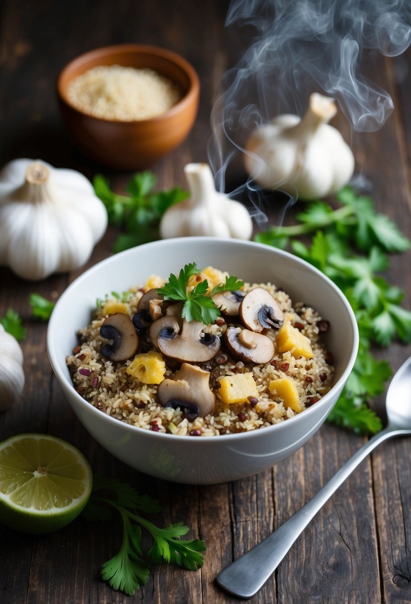 A steaming bowl of garlic mushroom quinoa surrounded by fresh ingredients on a rustic wooden tabletop