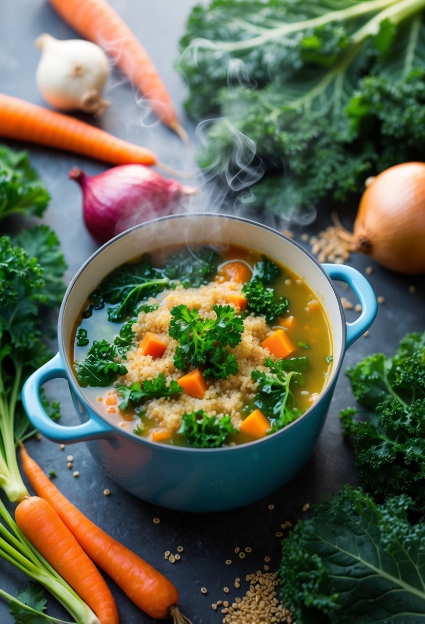 A steaming pot of quinoa and kale soup surrounded by fresh ingredients like kale leaves, quinoa grains, carrots, and onions