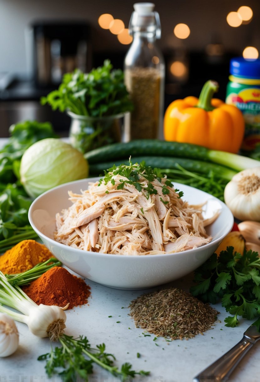 A bowl of shredded chicken surrounded by various ingredients like vegetables, herbs, and spices on a kitchen counter