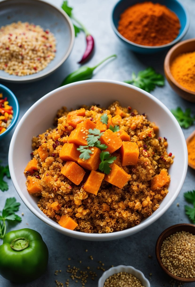 A steaming bowl of spicy quinoa and sweet potato, surrounded by colorful ingredients and vibrant spices