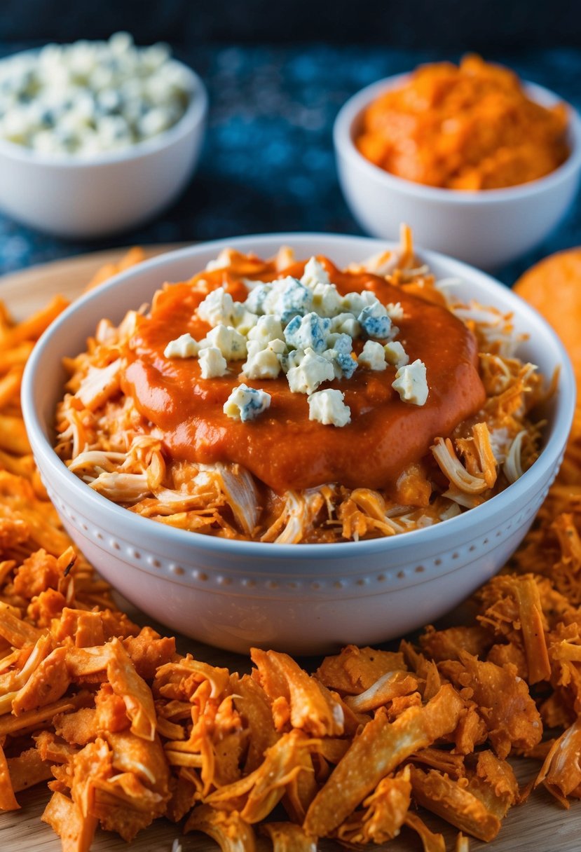 A bowl of buffalo chicken dip surrounded by shredded chicken, hot sauce, and blue cheese crumbles