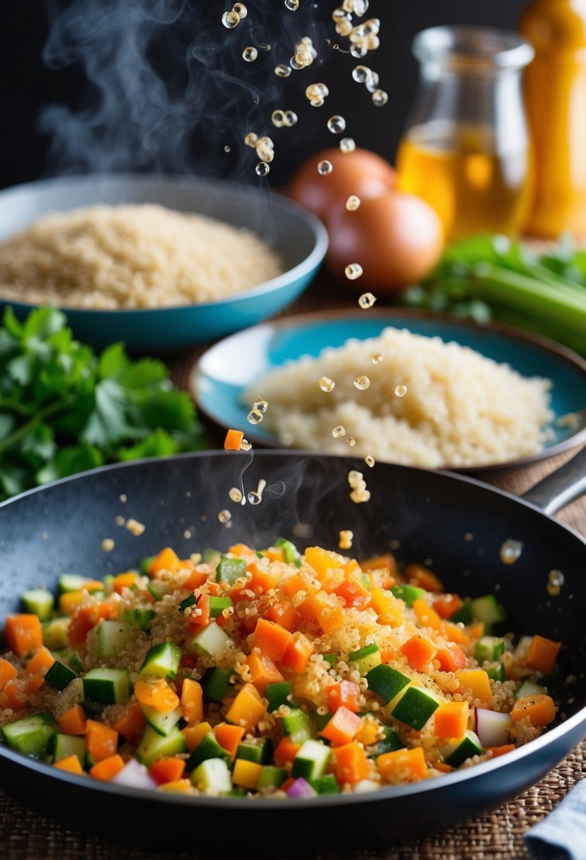 A colorful array of chopped vegetables sizzling in a pan, with fluffy quinoa steaming in the background