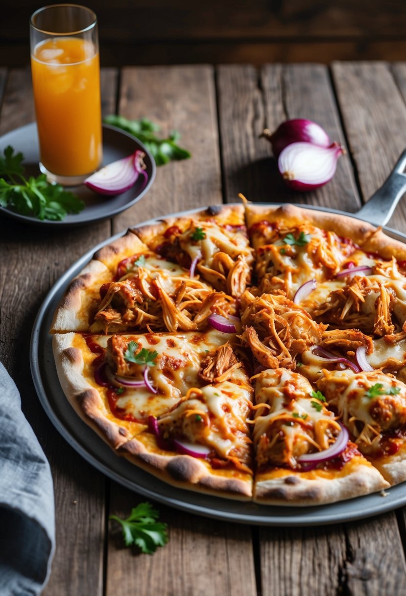 A rustic wooden table with a freshly baked BBQ chicken pizza topped with shredded chicken, gooey cheese, and vibrant red onions