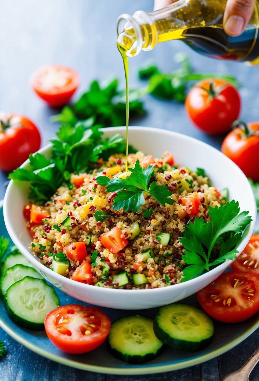 A colorful bowl of Quinoa Tabouli surrounded by fresh ingredients like tomatoes, cucumbers, and parsley, with a drizzle of olive oil