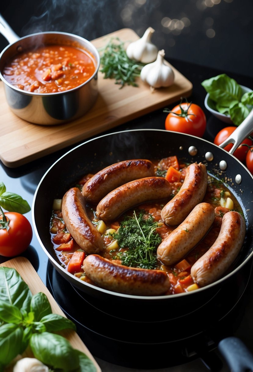 A sizzling skillet with Italian sausages, garlic, and herbs. A pot of simmering marinara sauce on the stove. A cutting board with fresh basil and tomatoes