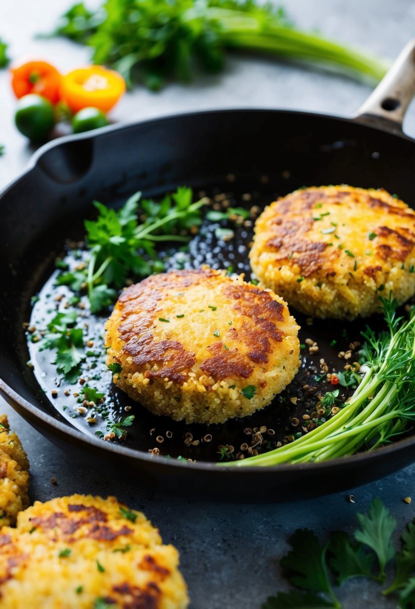 A sizzling skillet with golden-brown quinoa patties surrounded by fresh herbs and colorful vegetables