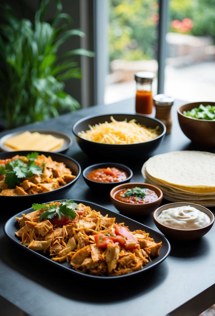 A table set with ingredients for chicken enchiladas, including shredded chicken, tortillas, cheese, and salsa