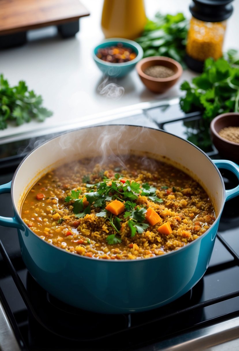 A steaming pot of quinoa and lentil curry simmering on a stovetop, surrounded by vibrant spices and fresh herbs