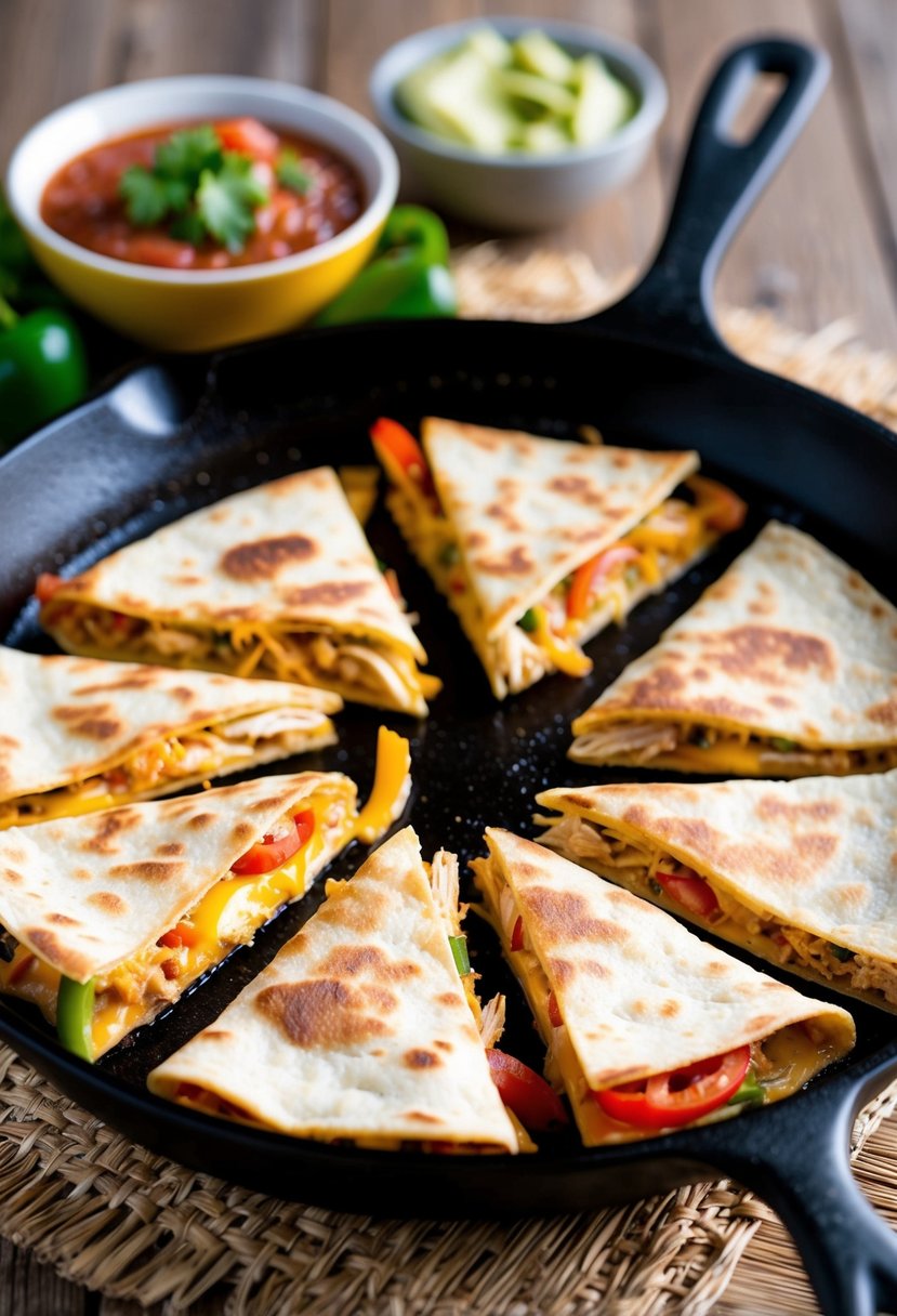 A sizzling skillet with golden-brown quesadillas filled with shredded chicken, cheese, and peppers, accompanied by a side of fresh salsa and guacamole