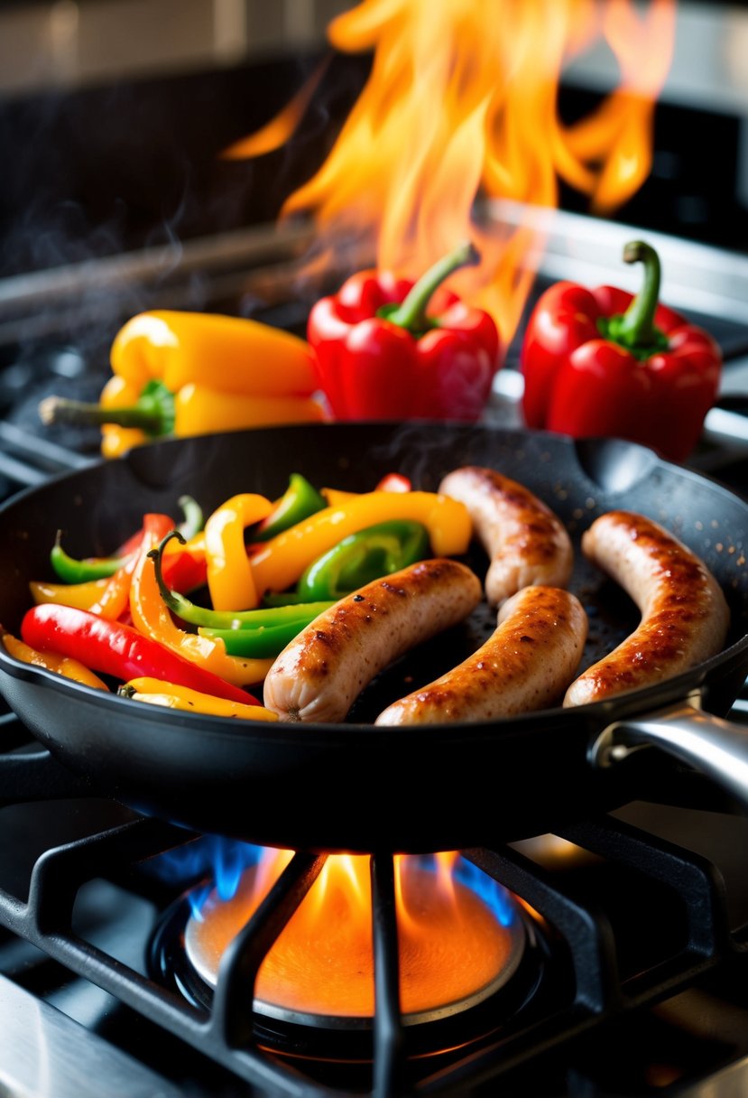 A sizzling skillet with colorful peppers and Italian sausages cooking over a hot flame