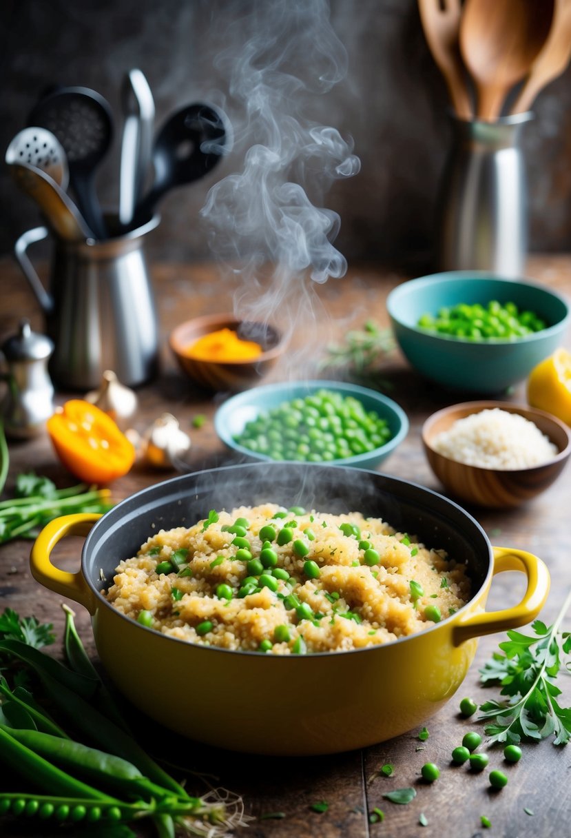 A steaming pot of quinoa risotto with peas, surrounded by fresh ingredients and cooking utensils on a rustic kitchen counter