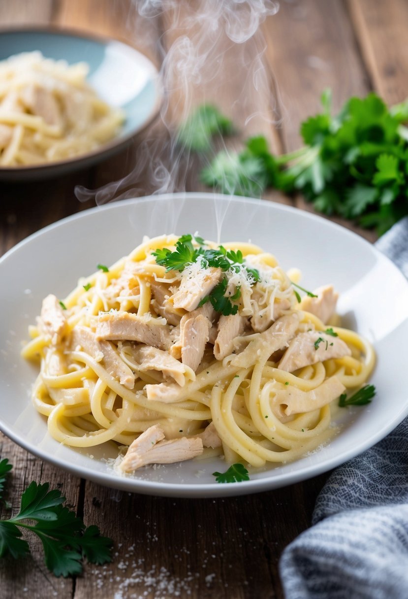 A steaming plate of creamy Chicken Alfredo Pasta with shredded chicken, garnished with fresh parsley and grated parmesan cheese, sits on a rustic wooden table