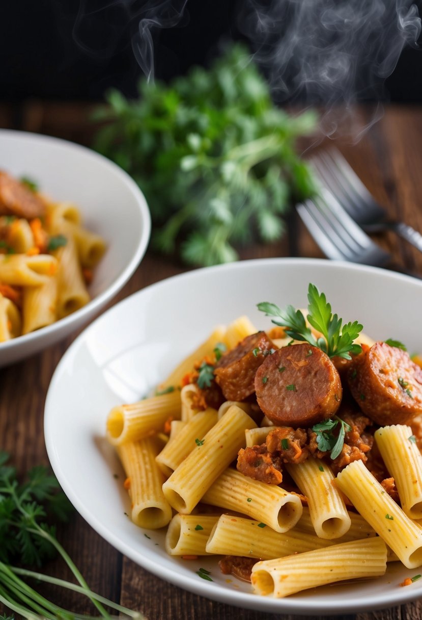 A steaming bowl of rigatoni pasta topped with spicy Italian sausage and fresh herbs