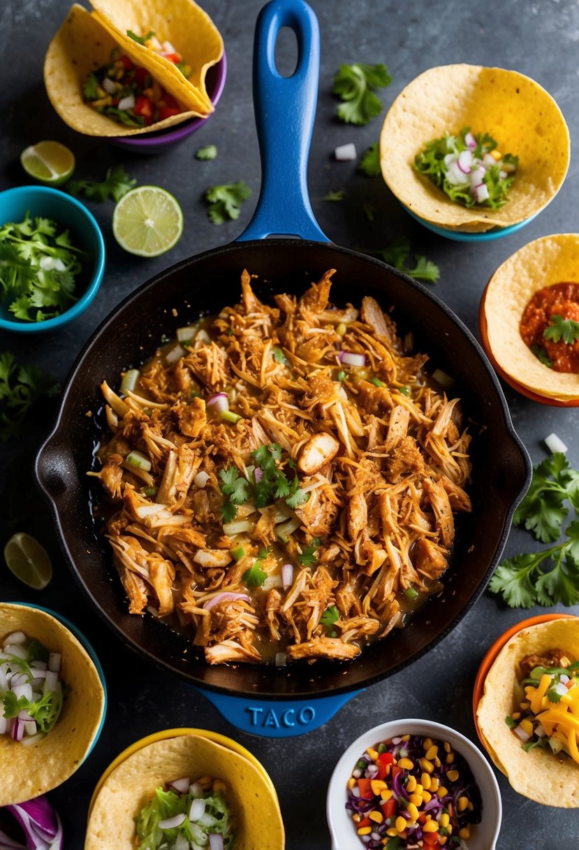 A sizzling skillet with shredded chicken, onions, and spices, surrounded by colorful taco shells and fresh toppings