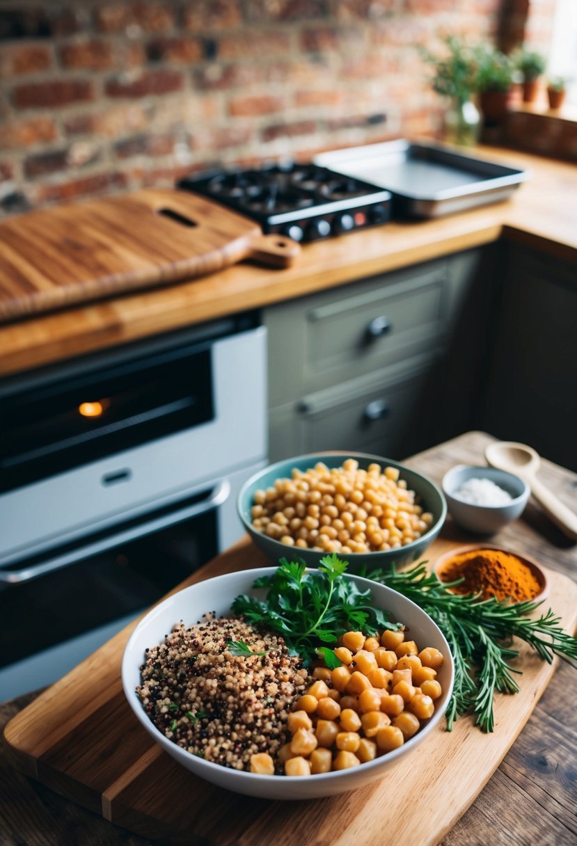 A rustic kitchen with a wooden cutting board, a bowl of quinoa, chickpeas, herbs, and spices, surrounded by baking trays and a hot oven