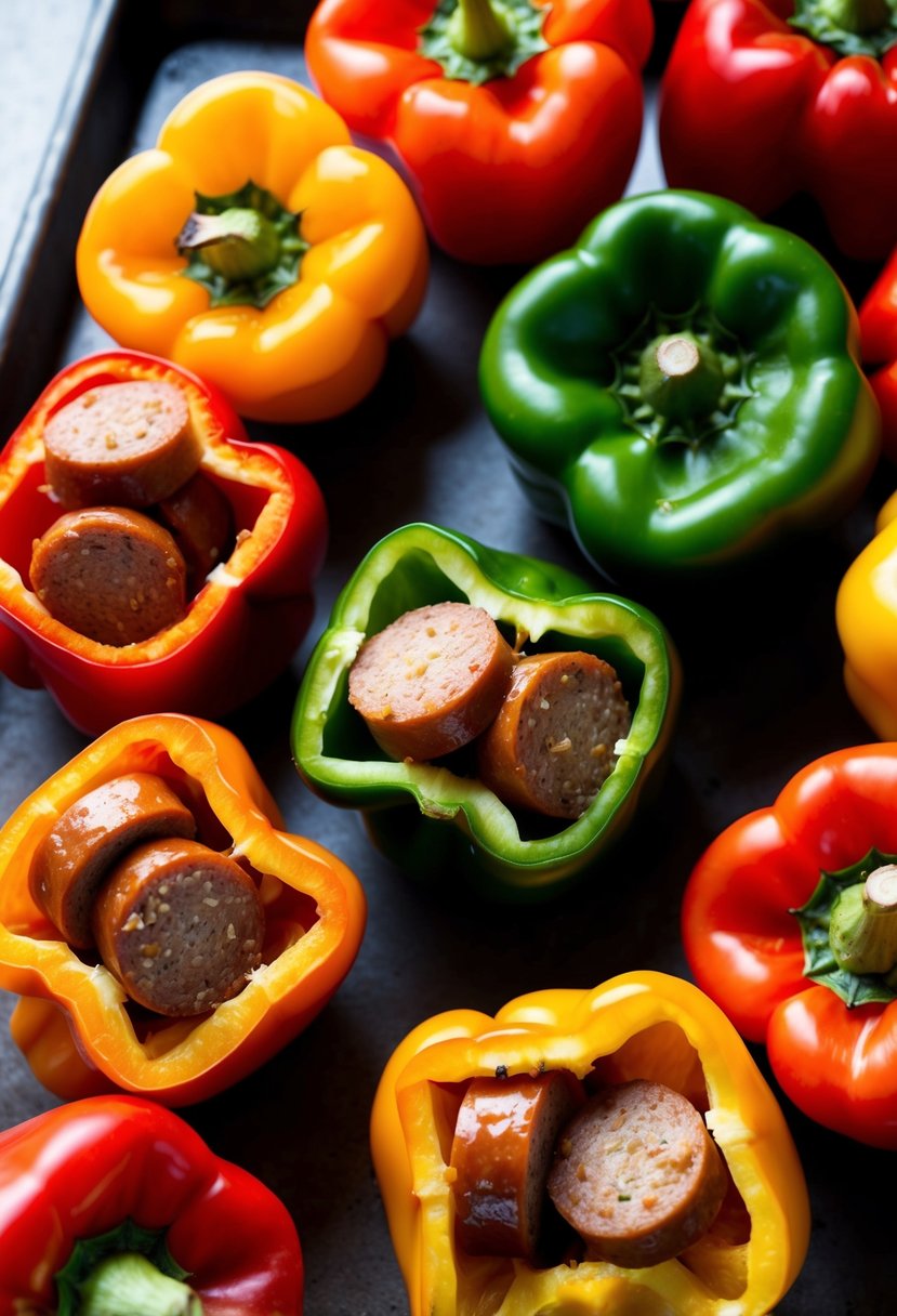 A colorful array of bell peppers, split open and filled with savory Italian sausage, ready to be baked to perfection