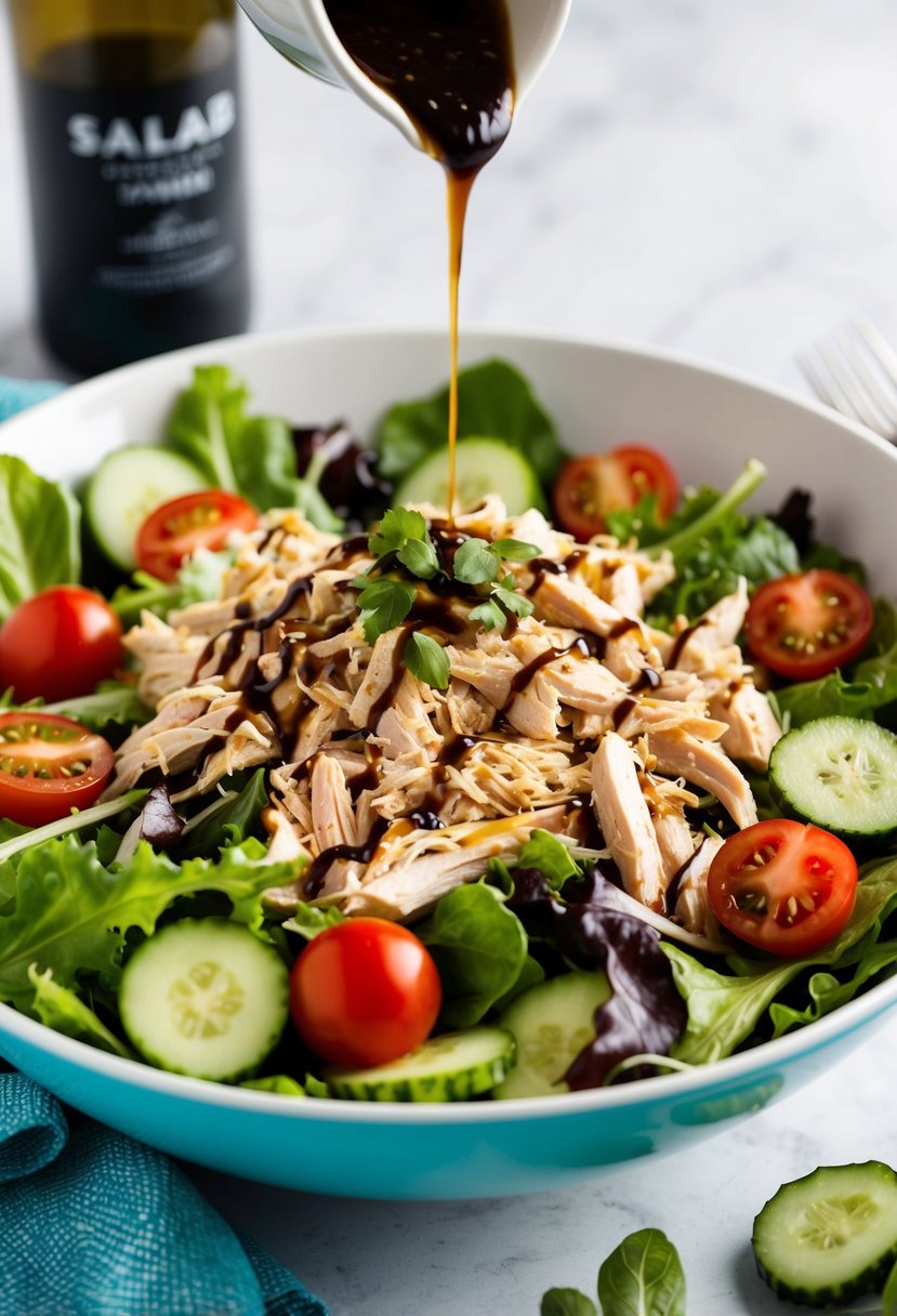 A colorful salad bowl filled with shredded chicken, mixed greens, cherry tomatoes, cucumbers, and drizzled with balsamic vinaigrette