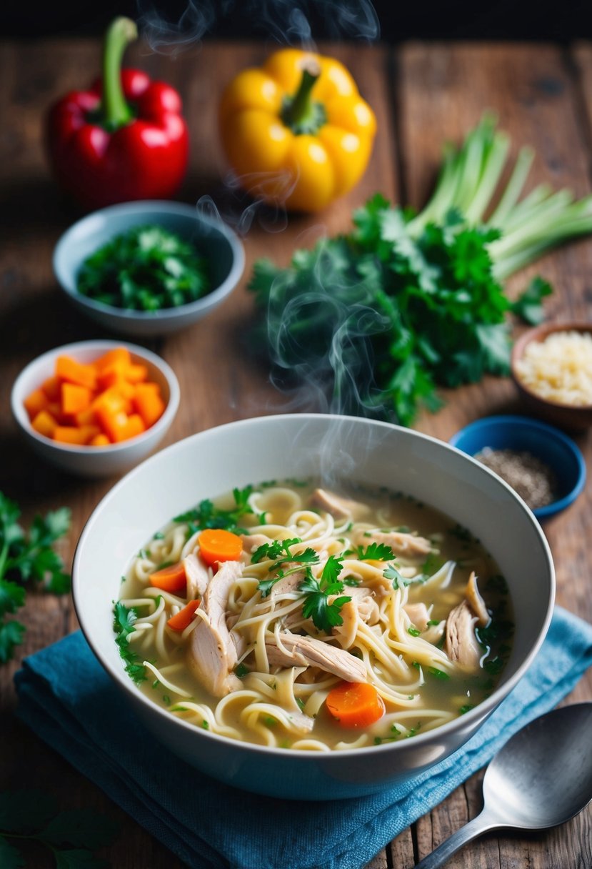 A steaming bowl of chicken noodle soup with shredded chicken, surrounded by colorful vegetables and herbs on a rustic wooden table