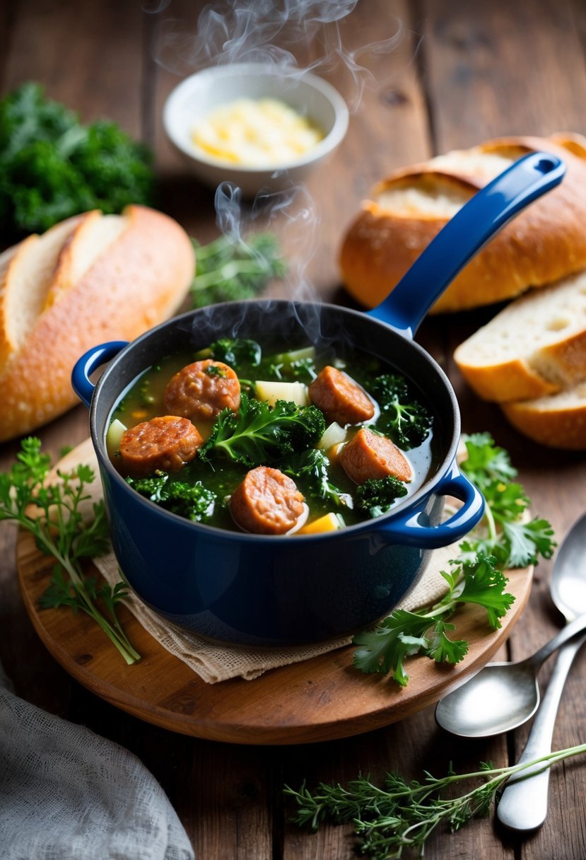 A steaming pot of Italian sausage and kale soup, surrounded by rustic bread and fresh herbs on a wooden table