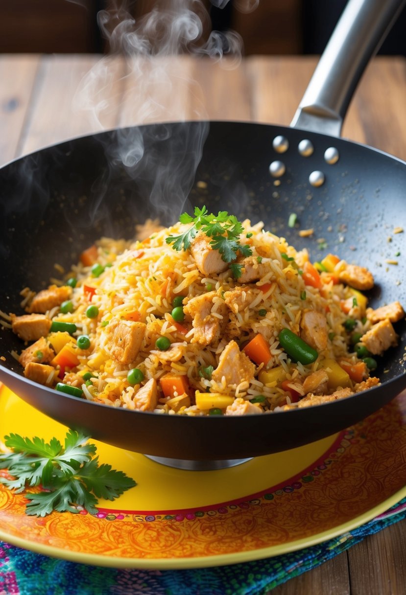 A steaming wok filled with sizzling chicken fried rice, colorful vegetables, and tender shreds of chicken, garnished with fresh herbs and served on a vibrant plate